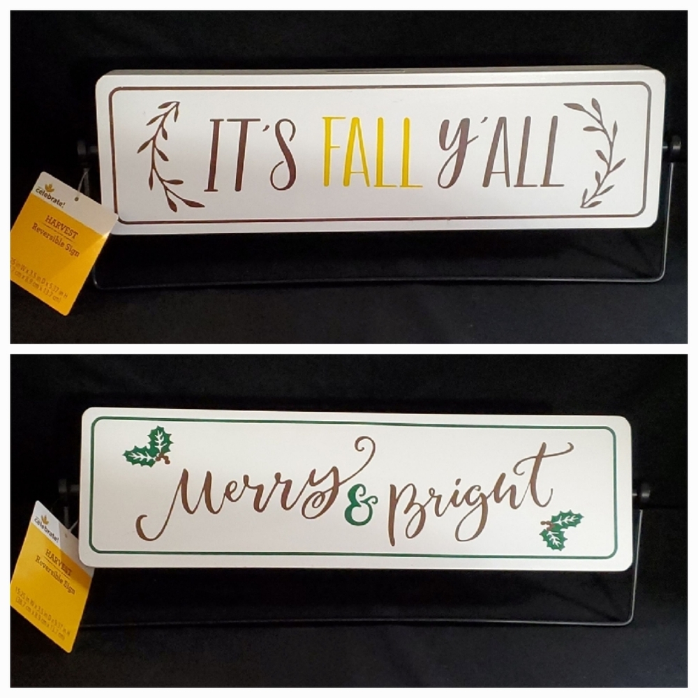 NWT Harvest Reversible Farmhouse Décor Sign- It's Fall Y'all & Merry & Bright